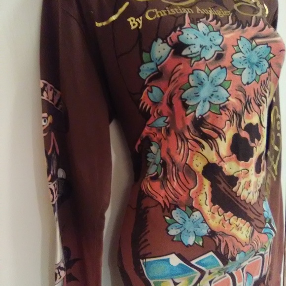 Ed Hardy Brown Long Sleeve Skull Graphics t-shirt Rare Find - Picture 16 of 16